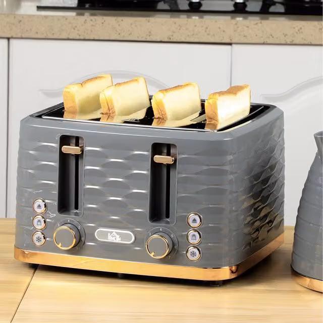 HOMCOM 4 Slice Toaster with 7 Browning Levels and Self-Centring Function, Grey