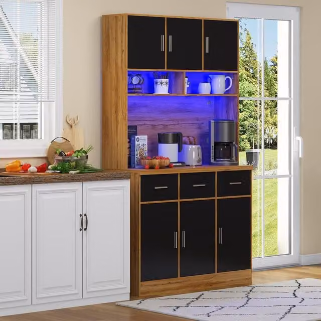Aosom UK Modern Tall Pantry Cabinet with App-Controlled LED Lighting and Water-Resistant Worktop, Natural and Black, W: 40 cm, D: 100 cm, H: 180 cm