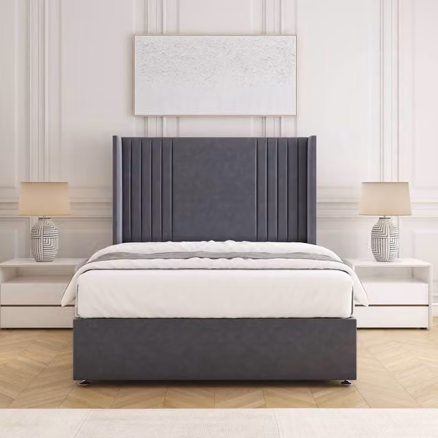 BSSPOKE Cheshire Divan Bed with Headboard in Grey Plush Velvet, Size: Small Double (W/D/H: 120 x 200 cm)