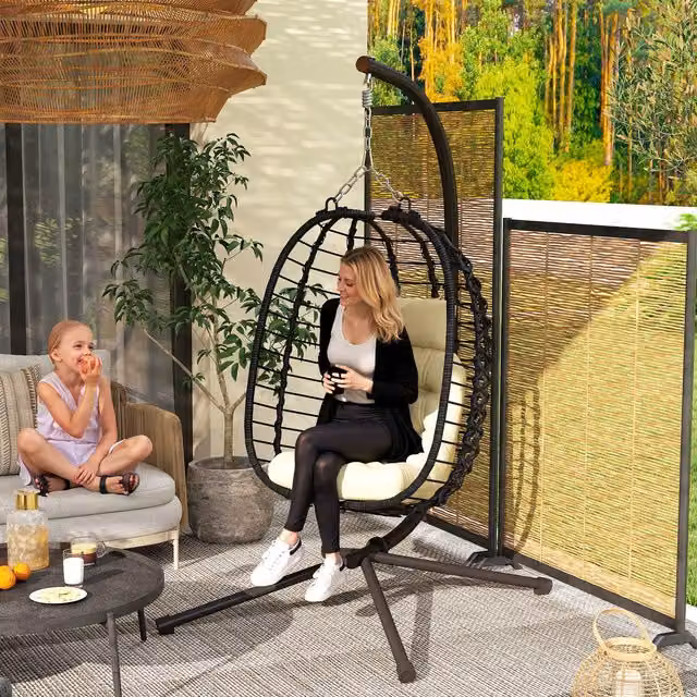 Outsunny Foldable Rattan Hanging Egg Chair with Stand in Cream