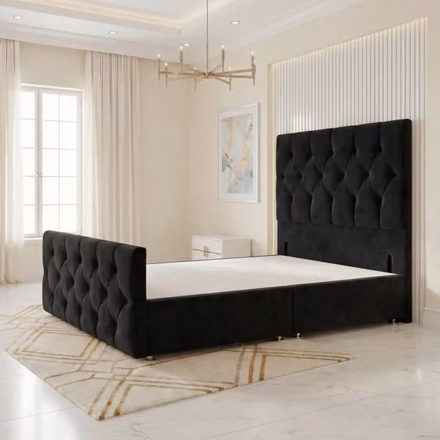 Somnior Beds Ltd Chesterfield Velvet Divan Bed Base with Drawers and Floor Standing Headboard and Footboard, Black, W/D/H: 140 x 200 x 137.16 cm