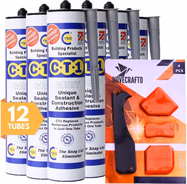 NOVECRAFTO Waterproof Sealant and Adhesive in Grey with 4-Piece Tool Kit, 12 Tube Pack
