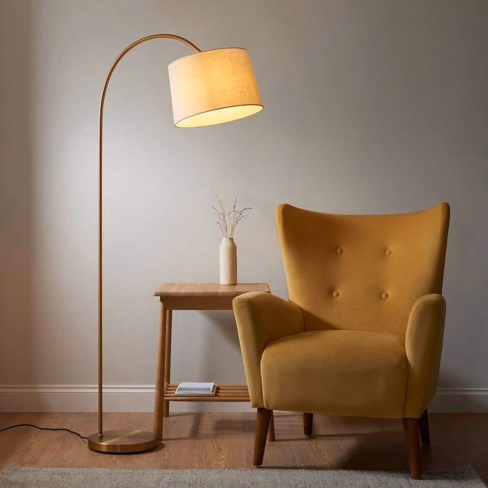Netlighting Carlson Arc Floor Lamp in Gold/Brass with Beige Natural Fabric Shade, E27 – 2