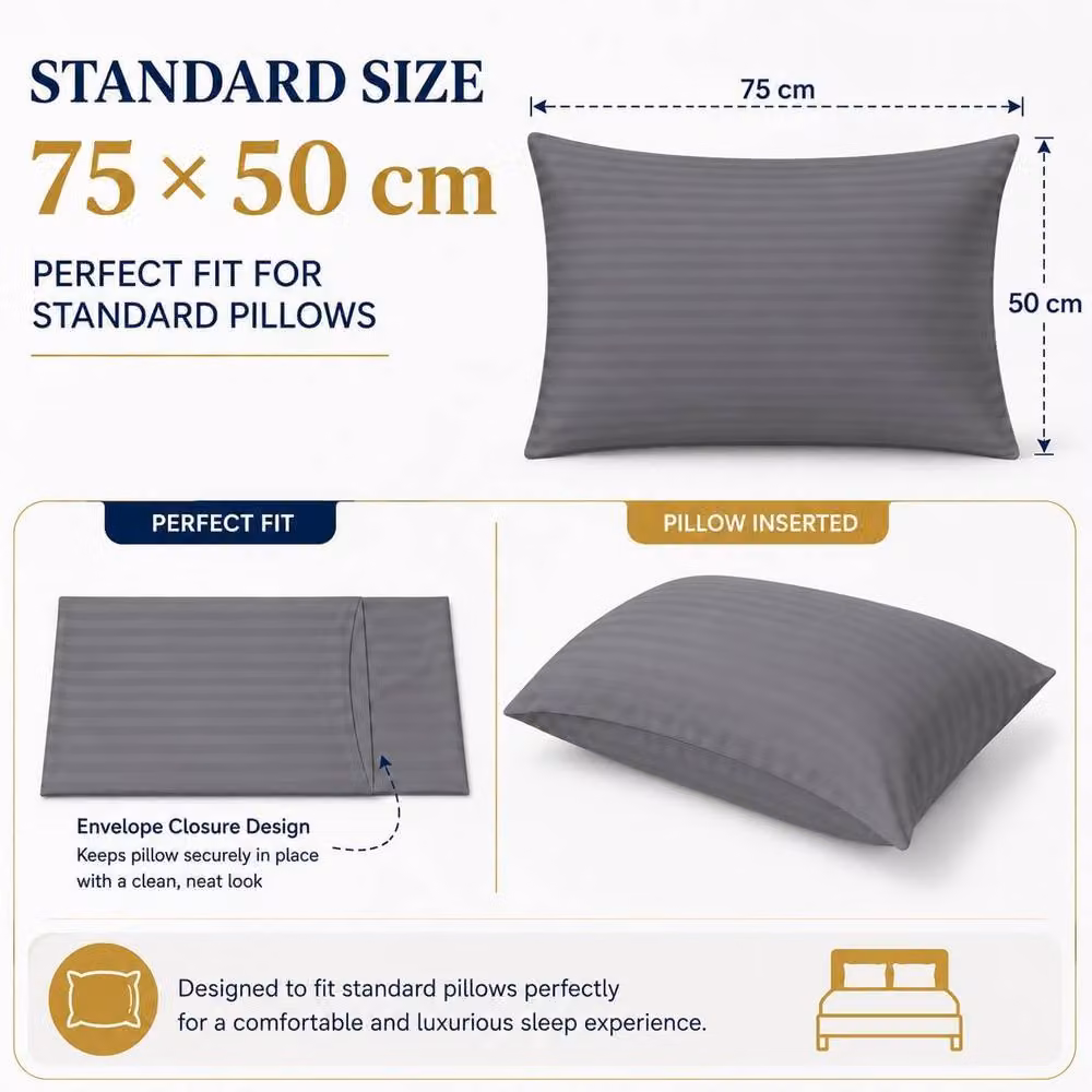 Homes-Linen Set of 2 Striped Microfibre Pillowcases in Grey, W/H: 50 x 70 cm – 2