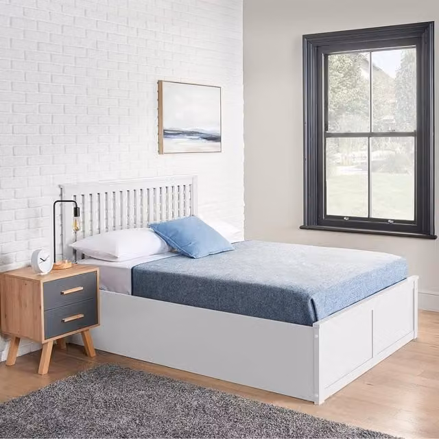 Home Treats White MDF Wooden Ottoman Storage Bed with Hybrid Mattress, W/D/H: 120 x 200 cm