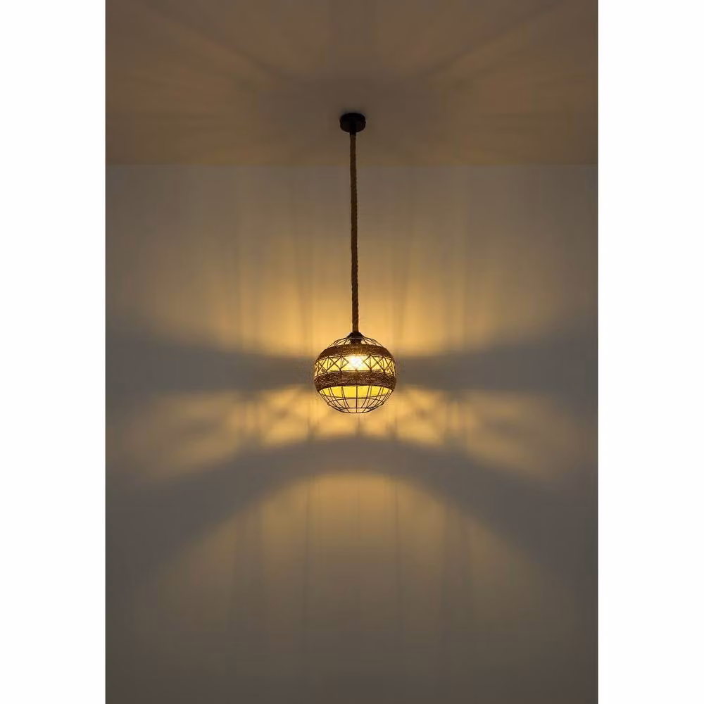 Netlighting Ulleu Industrial Sphere Pendant Ceiling Light in Black or Brown with Hemp Rope and Metal Construction, E27, Diameter: 30 cm – 7
