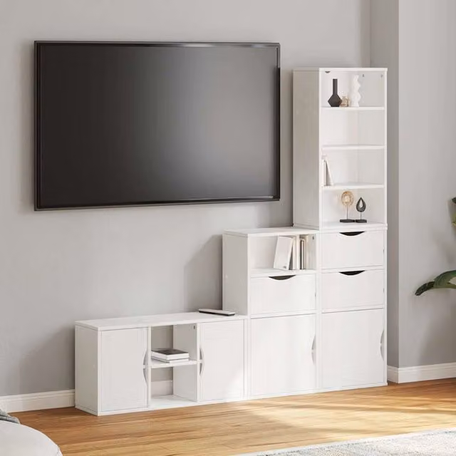 Berkfield Home ODDA 4 Piece White Solid Wood Pine TV Unit with Storage – 1