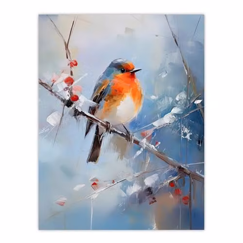 Artery8 Winter Robin Bird on Tree Branch Oil Painting Poster Print on Thick Paper, Multicolour, 18 x 24 Inch