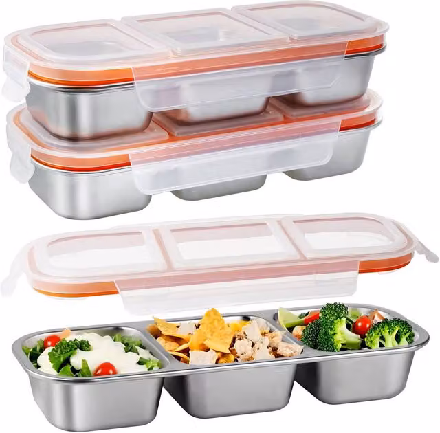 Greentainer Durable Silver Stainless Steel Snack Box with 3 Compartments and Leakproof Snap Lid