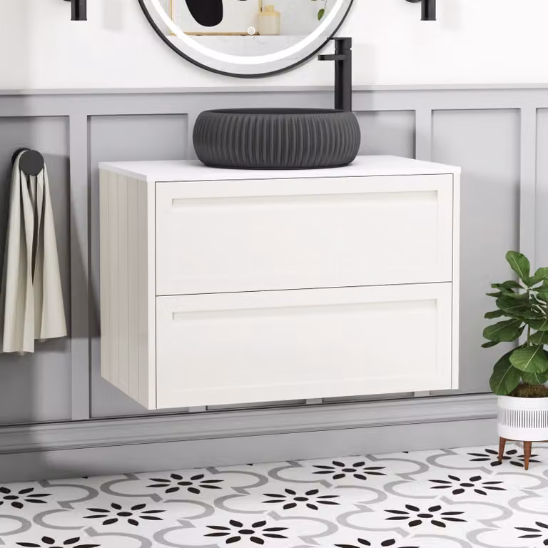 Royal Bathrooms Elmore 800mm Wall Hung Vanity Unit in Classic White with 2 Drawers and Milan Black Basin