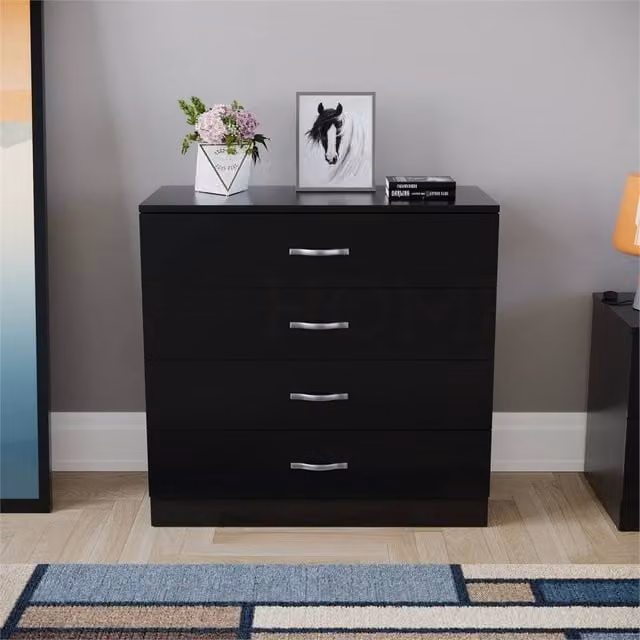FORGEVIO Modern 4 Drawer Black Wood Chest of Drawers for Bedroom Storage – 1