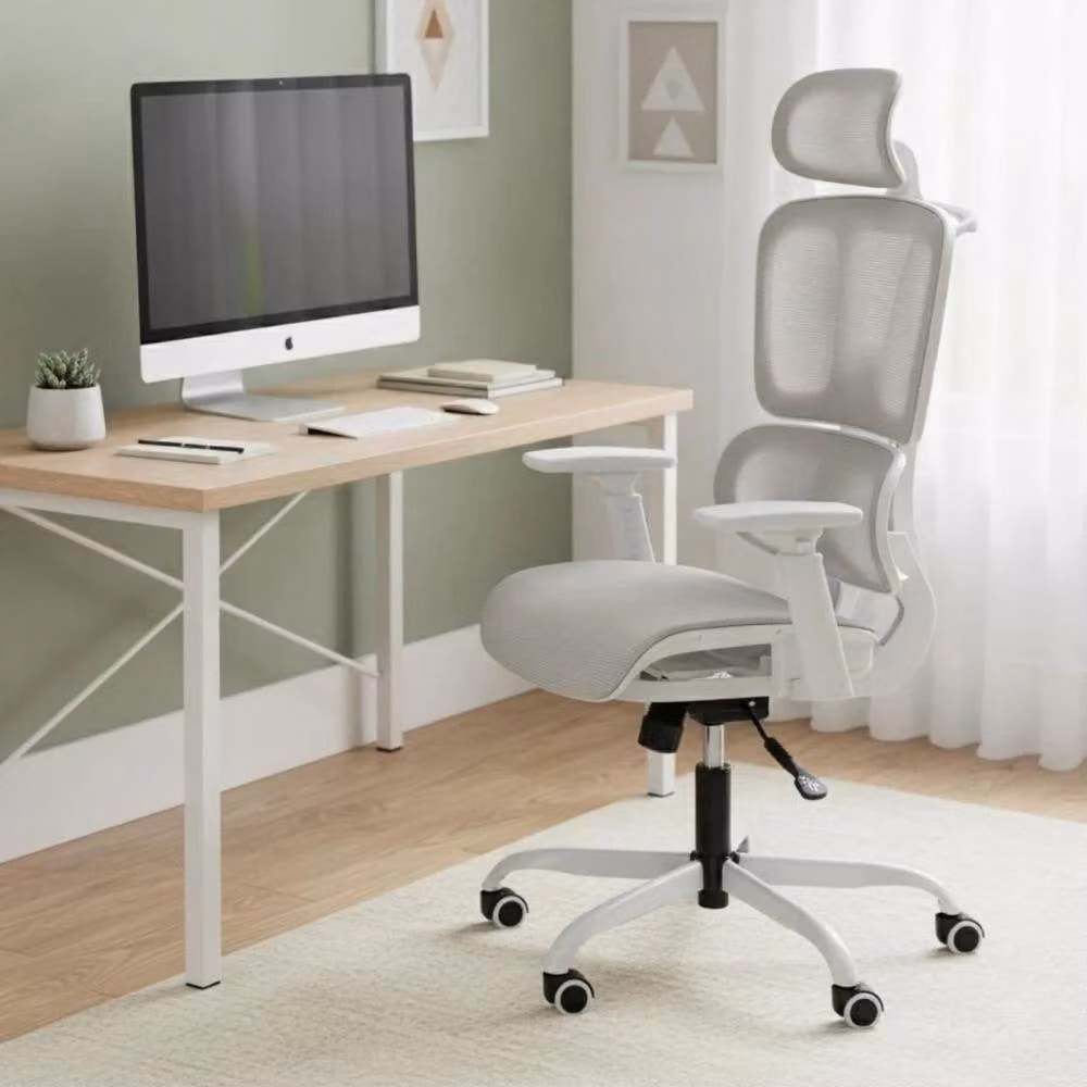 KORVIXA Grey Mesh Back Task Chair with Headrest and Armrests for Home Office or Meeting Rooms – 2