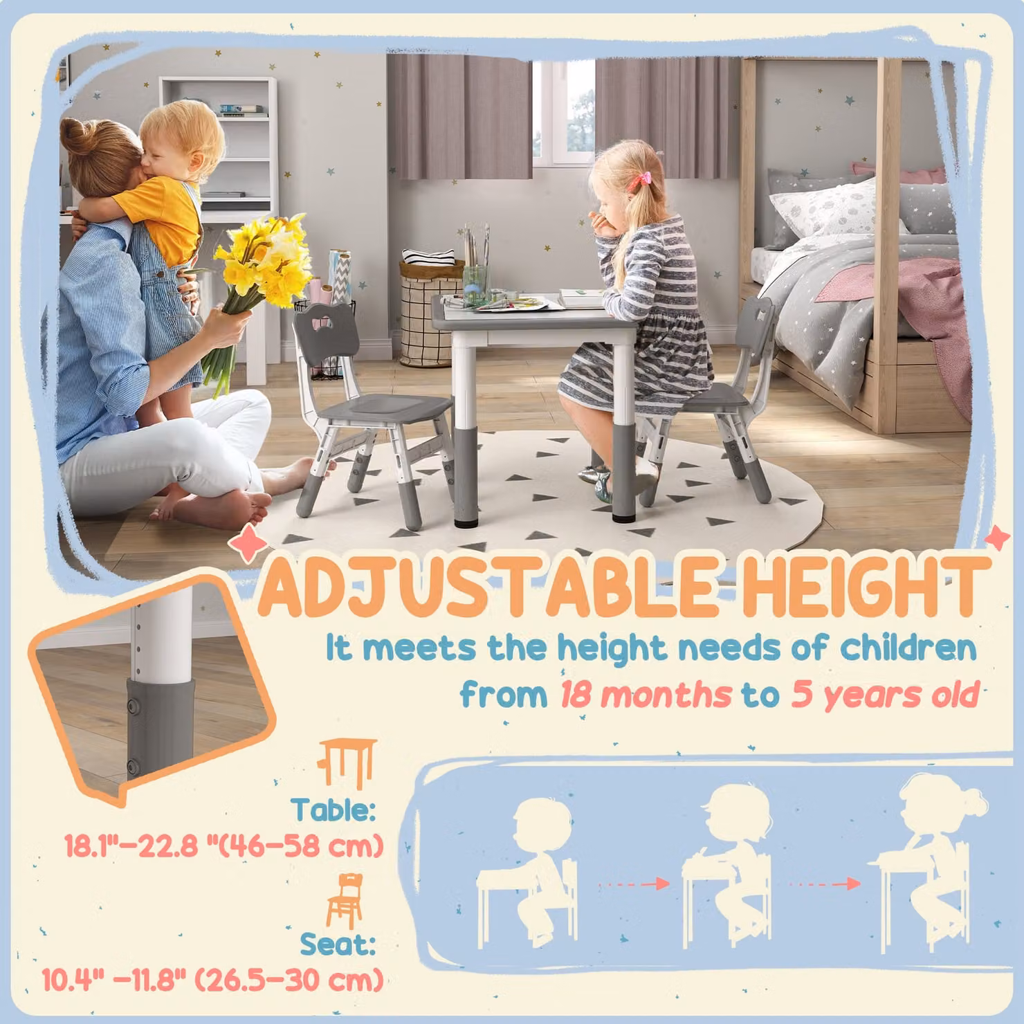 AIYAPLAY Height Adjustable Toddler Table and 2 Chairs Set in Grey – 2