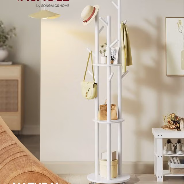 VASAGLE White Freestanding Coat Tree with 11 Hooks and 3 Shelves, H 175 x W 40 x D 40 cm