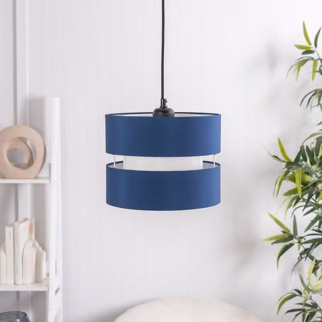 ValueLights Sophia Small 2 Tier Navy Blue Fabric Cylinder Ceiling Light Shade and Bulb