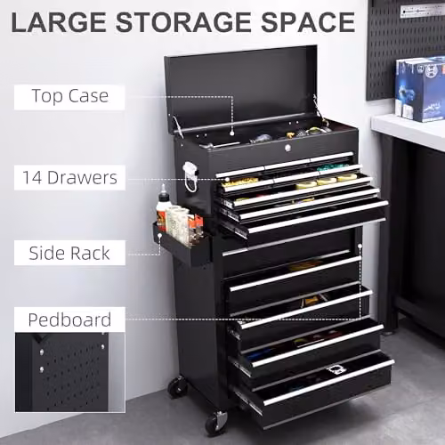 HOMCOM 2 in 1 Rolling Tool Cabinet with 14 Drawers and Pegboard, Black Steel – 4