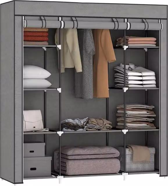SPETLEK Grey Fabric Wardrobe with 10 Shelves and Hanging Rod, Foldable Metal Closet, H 162.5 cm x W 150 cm x D 60 cm