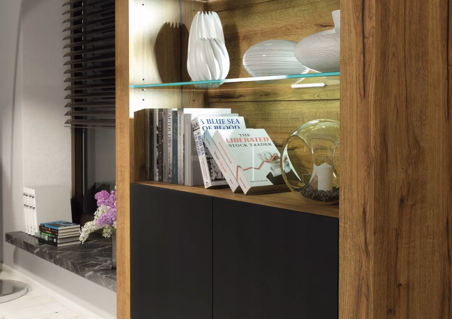 Creative Furniture Modern Oak Sideboard and Black Matt Display Cabinet with LED Lights – 4
