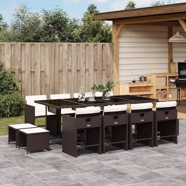 Berkfield Home 13 Piece Brown Poly Rattan Garden Dining Set with Cushions