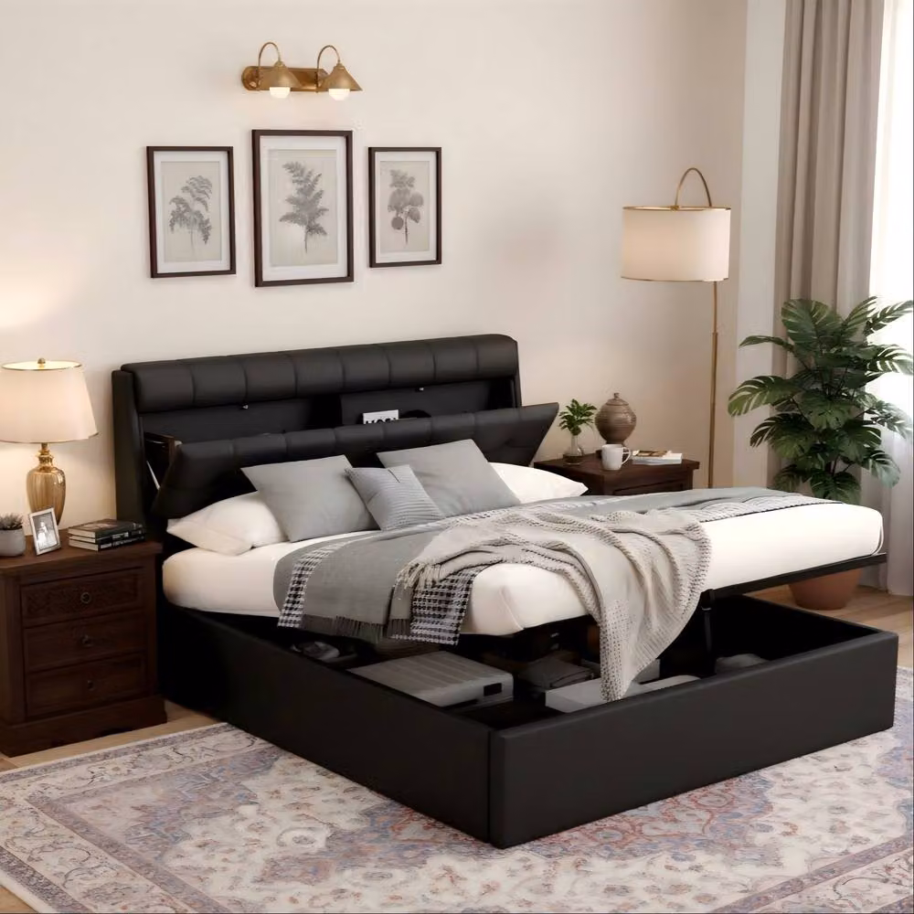 ModernLuxe Upholstered Double Bed with Hydraulic Storage and Headboard in Black Synthetic Leather, W/D/H: 140 x 200 x 135 cm – 2