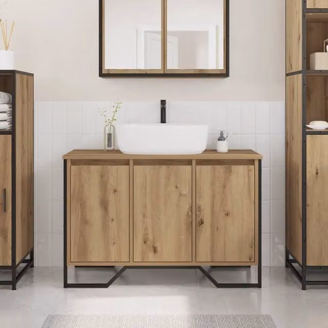 EONLION Artisan Oak Freestanding Bathroom Sink Cabinet in Light Oak, W/D/H: 91 x 35 x 60 cm
