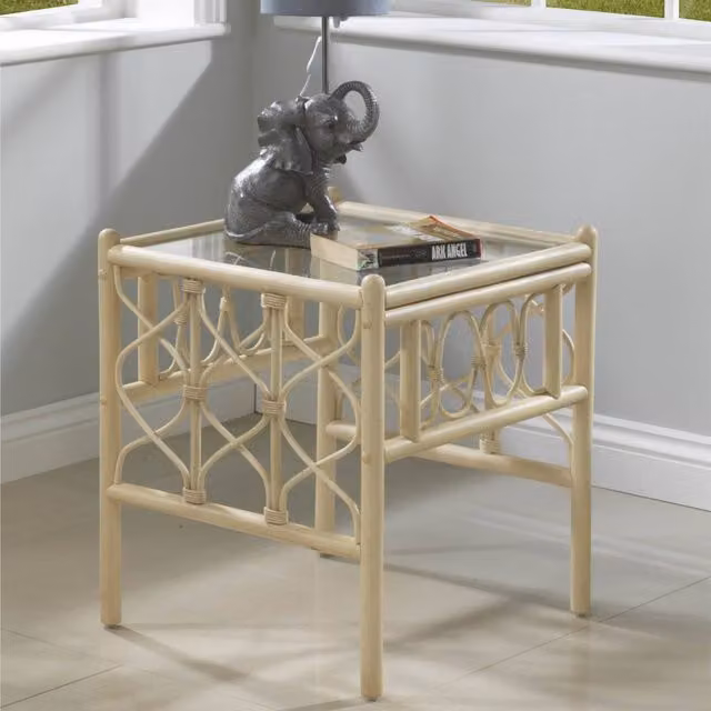 Morley Cane Side Table in Natural Wash and Ivory with Rattan and Glass Top