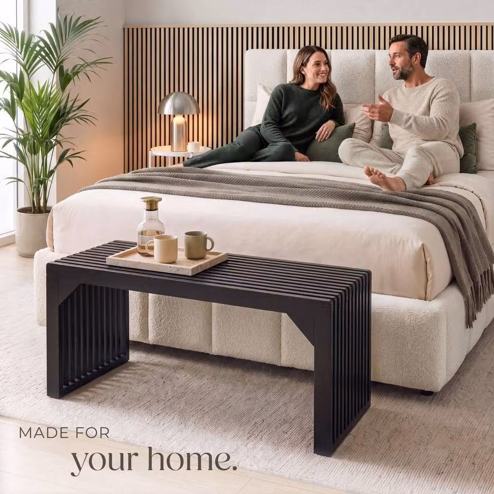 tectake Ribb XL Slatted Stool or Bench in Black with Bamboo Wood Design – 8