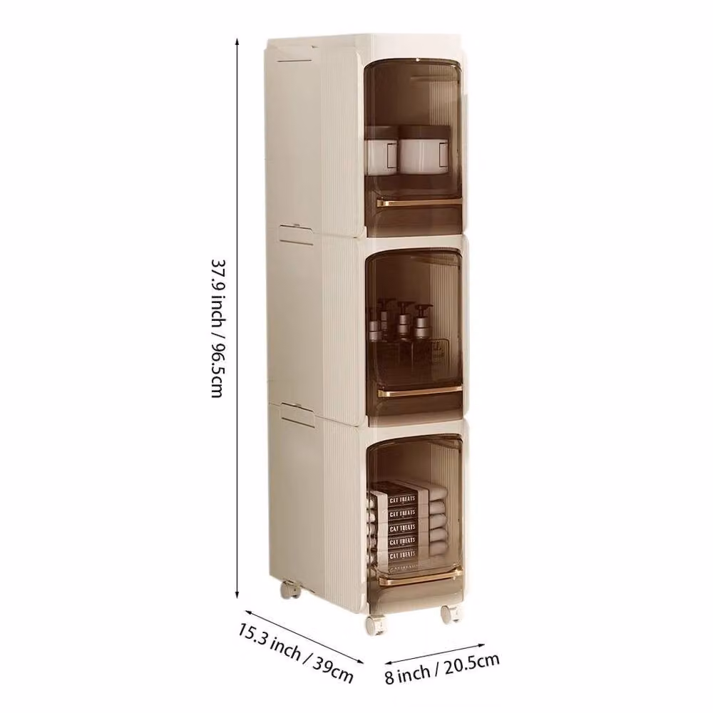 SPETLEK 3-Tier Rolling Slim Tall Bathroom Cabinet Storage in Beige – 2