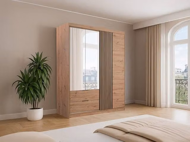 Vente-unique Modern Oak Wardrobe with 3 Doors, 2 Internal Drawers and Mirror, Width: 203 cm