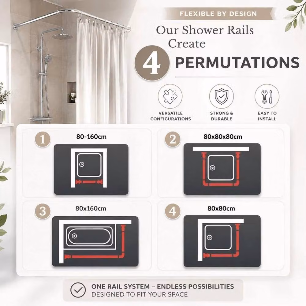 FLAVORA Adjustable U-Shaped Corner Chrome Shower Curtain Rail in Silver, W/D: 100 x 40 cm – 2