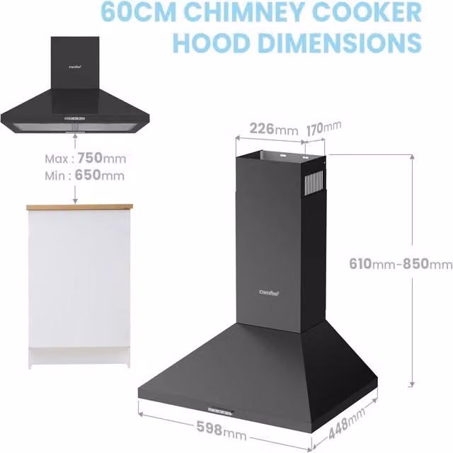 Living Star 3 Speed Wall Mounted Chimney Cooker Range Hood with LED Light, Black, W: 60 cm, H: 60 cm, D: 40 cm