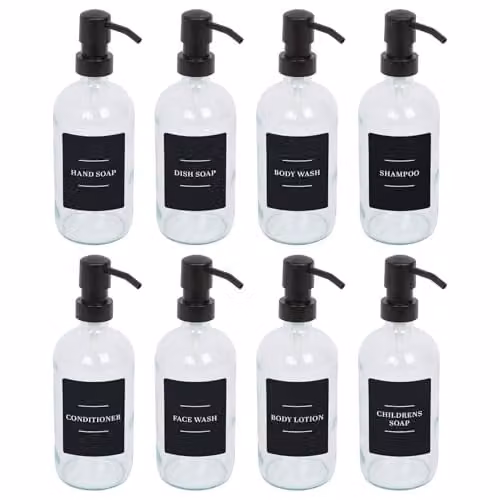 Harbour Housewares Pack of 8 Clear Glass Soap Dispensers with Black Labels and Pumps, 500ml