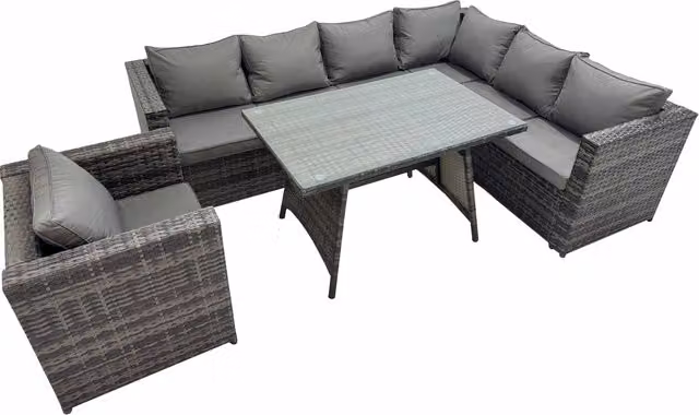 Fimous Modern Garden Patio Furniture Set with Dining Table and Chairs in Dark Grey Rattan and Glass