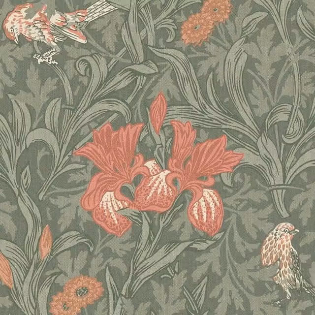 William Morris At Home Iris Floral Cotton Fabric in Sage Green