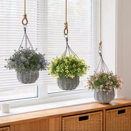 Ark Mat 2 Pack UV Resistant Artificial Floral Hanging Baskets in Yellow, Diameter: 34 cm – 2