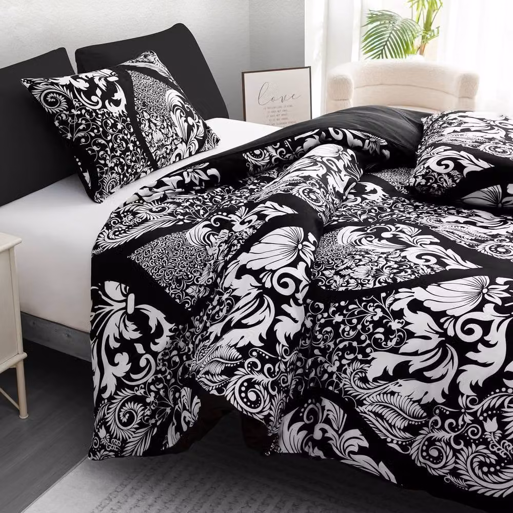 Pamposh Reversible Microfibre Duvet Cover and Pillowcase Set in Black and White, Double, 140 x 200 cm – 5