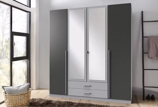 TJS Modern Grey 4 Door Wardrobe with Mirror and Internal Drawers