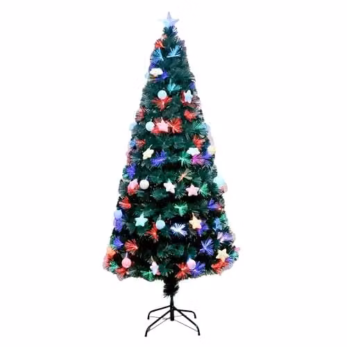 Shatchi 120 cm Green Fibre Optic Christmas Tree with Multicolour LED Lights and Pastel Star and Bauble Decorations – 1