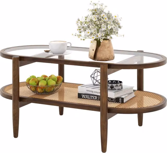 Costway 2-Tier Rattan Coffee Table with Tempered Glass Top in Brown – 1