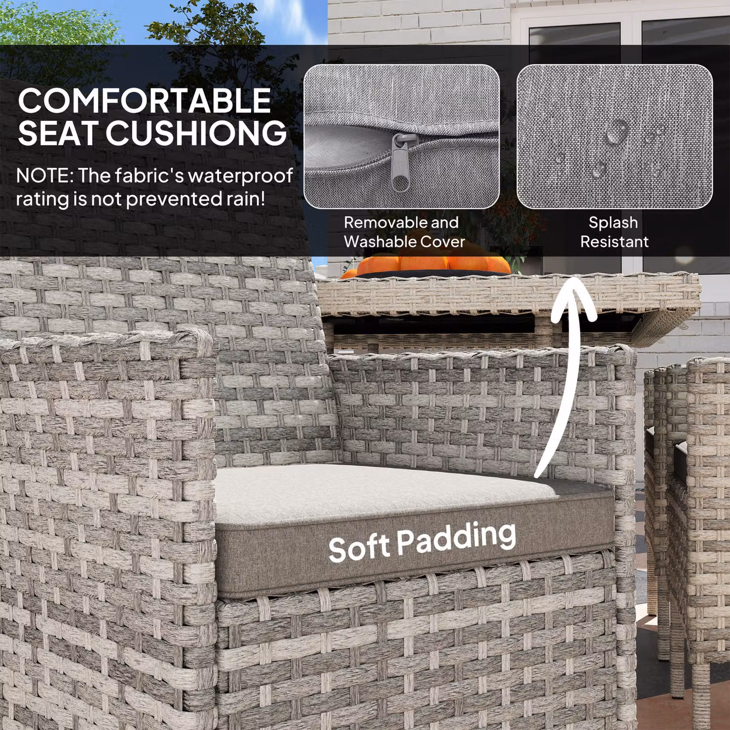Outsunny 6 Seater Rattan Garden Furniture Set in Mixed-Grey with Rectangular Tempered Glass Table and Armchairs – 4