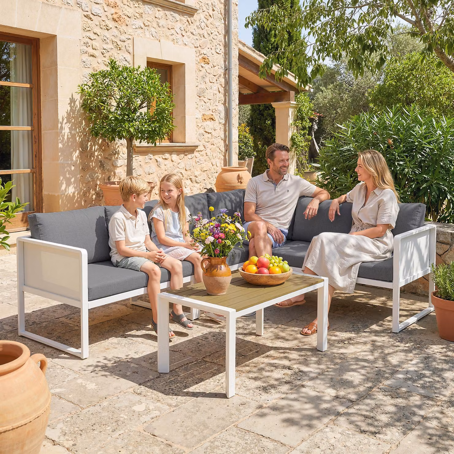 Outsunny 6 Seater L-Shape Metal Garden Furniture Set in White with Textilene Seat Cushions and Faux Wood Coffee Table – 2