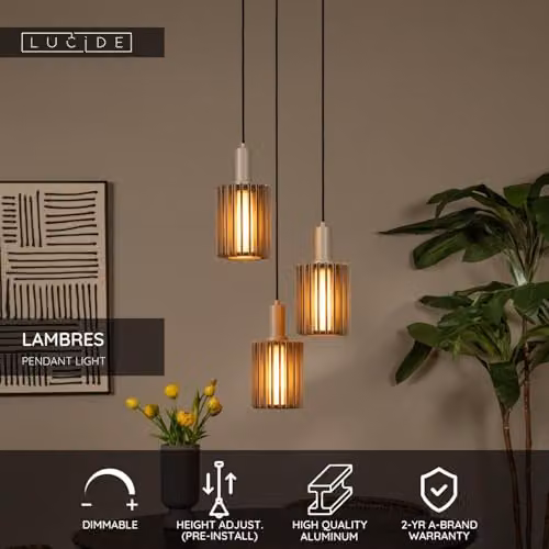 Lucide Lambres Suspended Pendant Light in Taupe with 3 x E27 Bulbs, Height Adjustable, W/D/H: 40 x 40 x 164 cm – 2