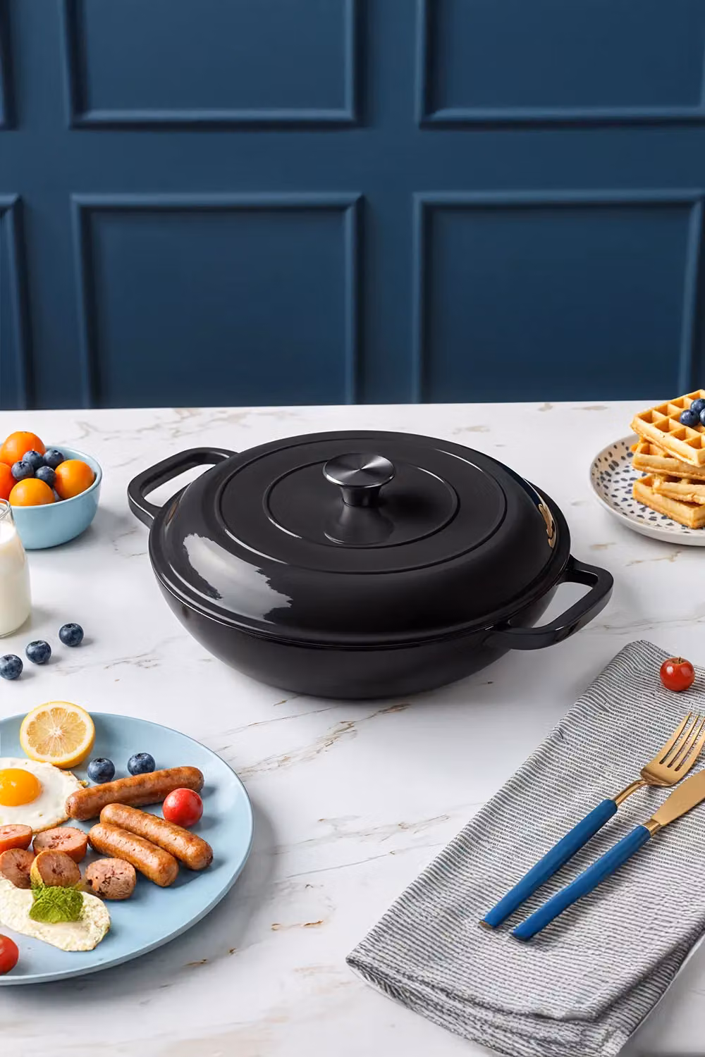 Living and Home 3.2 l Enamelled Cast Iron Casserole Pot with Lid, Black – 3