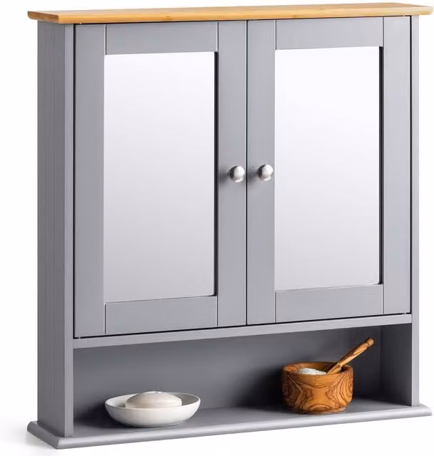 Christow Grey Wooden Double Mirrored Bathroom Cabinet, Wall Mounted Storage Unit, W/D/H: 58 x 13 x 56 cm – 1