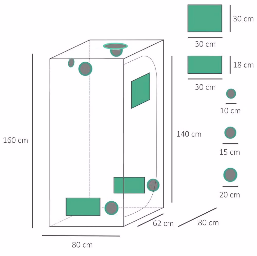 STILVORA Grow Tent with Adjustable Vents and Floor Tray, Black, W: 80 cm, D: 62 cm, H: 160 cm – 2