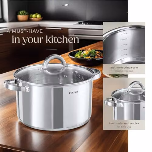 tectake Turin 15-Piece Stainless Steel Pot and Pan Set with Non-Stick Coating and Glass Lids in Silver – 2