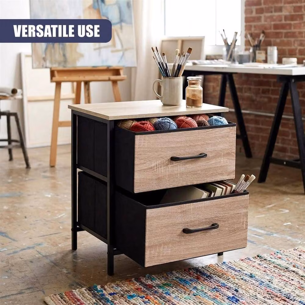 KORVIXA Bedside Table with 2 Drawers, Brown Fabric Storage Dresser – 2