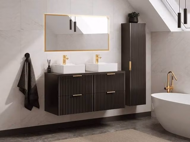Vente-unique Striated Suspended Bathroom Furniture Set with Countertop Basin and Column in Matt Black, W: 60 cm, D: 46 cm, H: 57 cm
