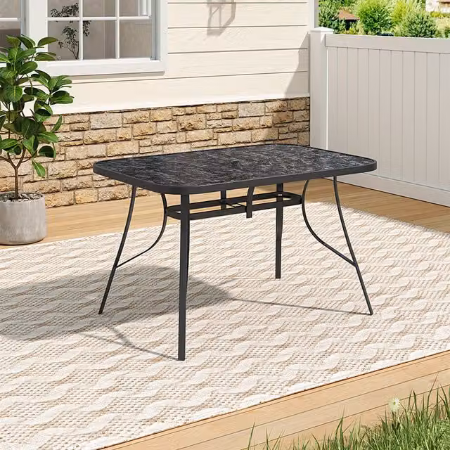 Livingandhome Rectangular Marble Tempered Glass Garden Table in Black, W: 80 cm