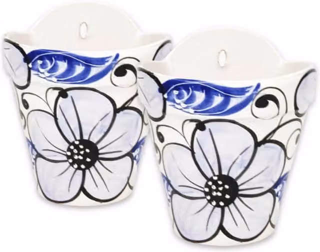 Verano Spanish Ceramics Blue Floral Hanging Ceramic Plant Pot Set